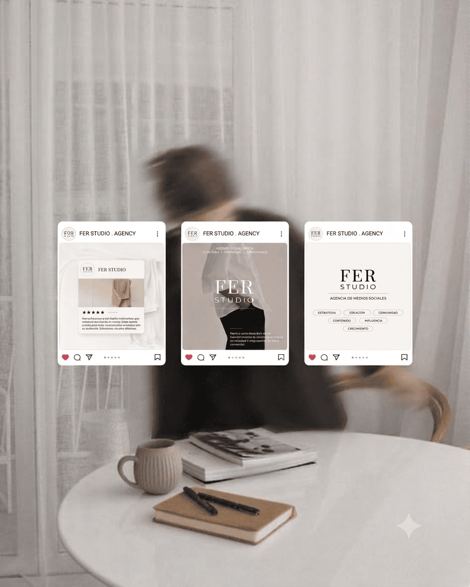 Publicaciones de FER STUDIO para clientes, mostradas en mockup de Instagram